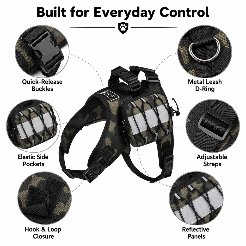 Ortekor Frenchie Tactical Dog Vest Backpack for Daily Walks - Reflective Small Dog Harness with Water Bottle Holder & Side Pockets