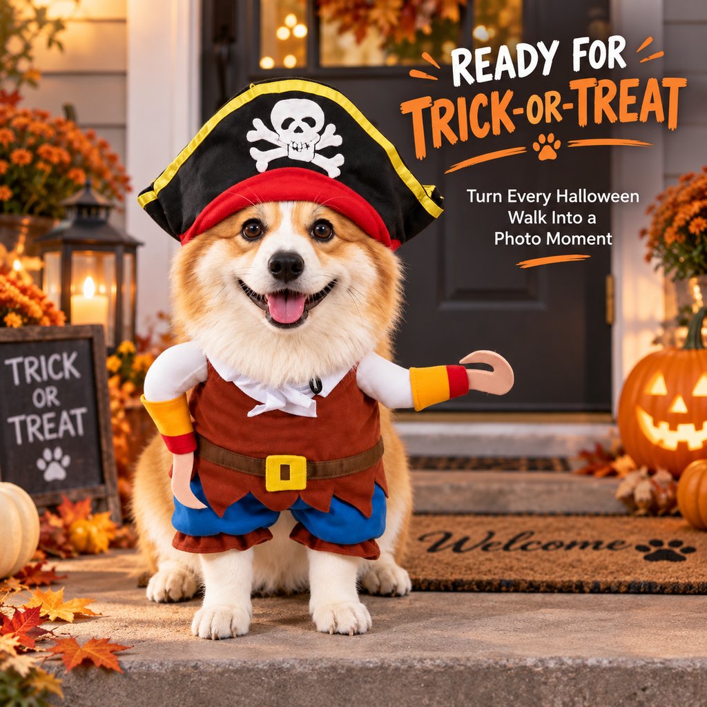 Ortekor Funny Pirate Dog Costume with Hat & Hook Arms - Complete Halloween Party & Photo Outfit for an Instant 3D Pirate Look