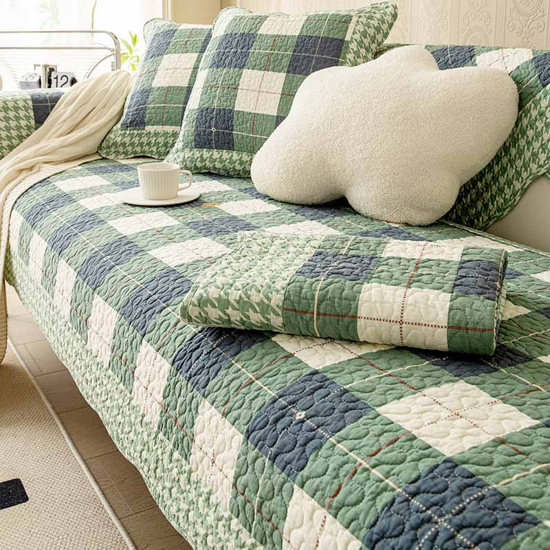 Plaid Cotton Furniture Protector Pad Set | Breathable Non-Slip Couch Cushion Cover for Sofa Seat Protection | Pet-Friendly Machine