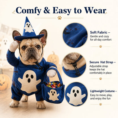 Ortekor Glow-in-the-Dark Ghost Wizard Dog Costume with Hat & Treat Bag, Halloween Pet Outfit for Trick-or-Treat, Parties, Photos & Costume Events
