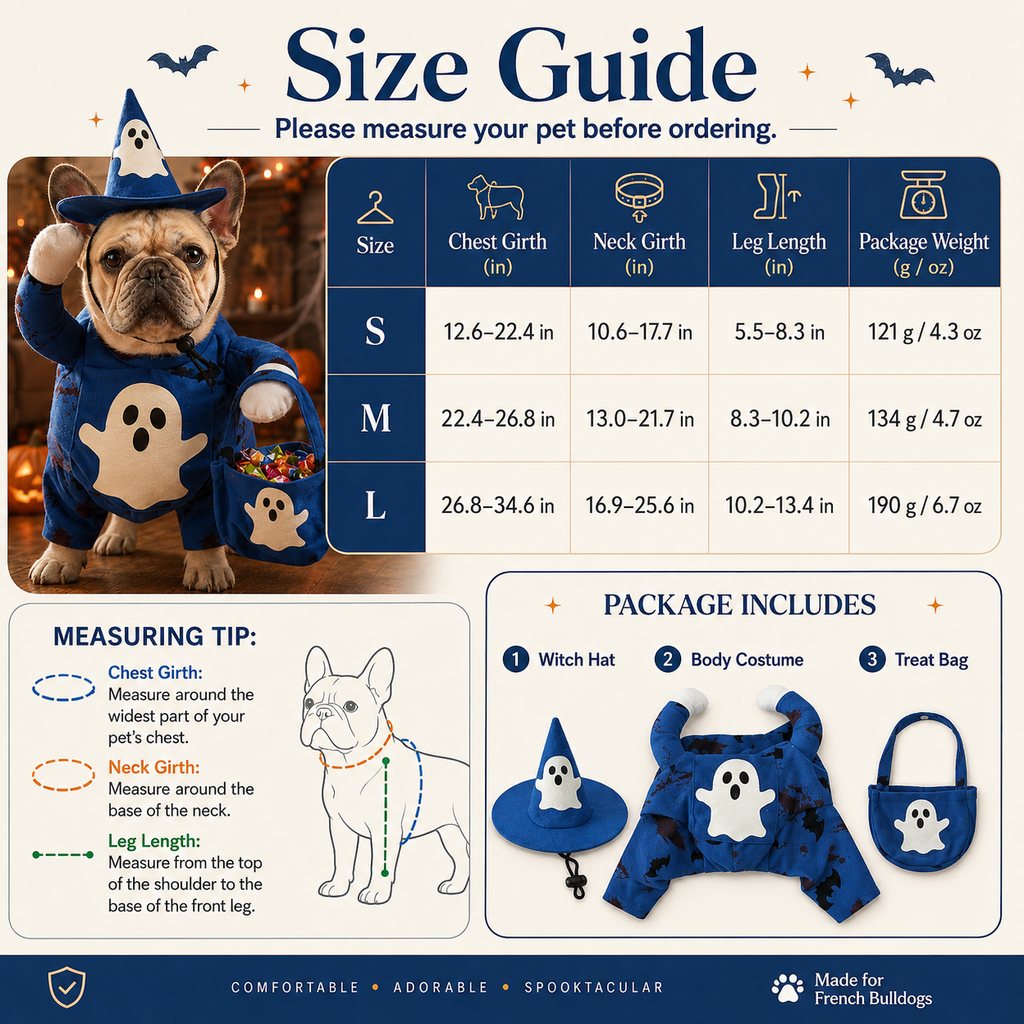 Ortekor Glow-in-the-Dark Ghost Wizard Dog Costume with Hat & Treat Bag, Halloween Pet Outfit for Trick-or-Treat, Parties, Photos & Costume Events