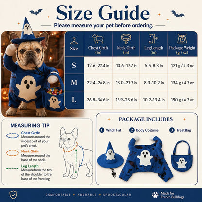 Ortekor Glow-in-the-Dark Ghost Wizard Dog Costume with Hat & Treat Bag, Halloween Pet Outfit for Trick-or-Treat, Parties, Photos & Costume Events