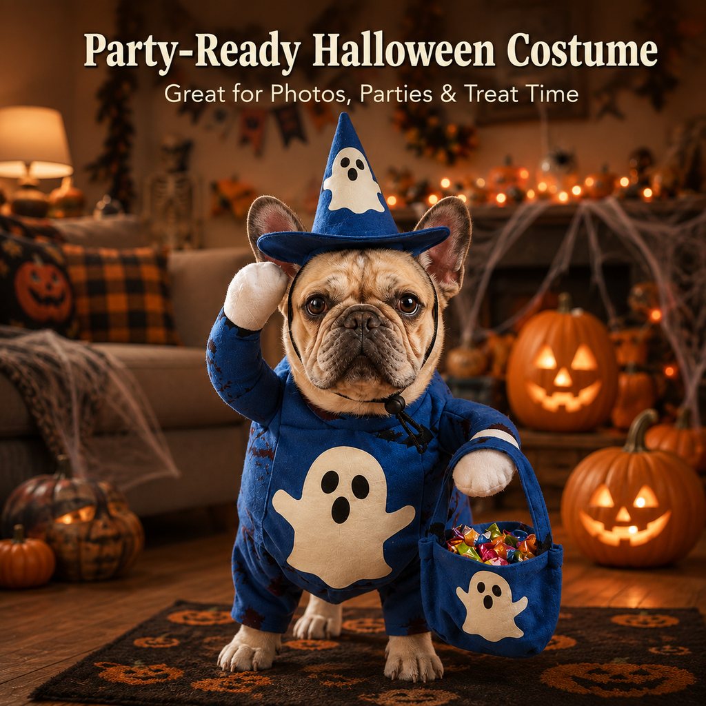 Ortekor Glow-in-the-Dark Ghost Wizard Dog Costume with Hat & Treat Bag, Halloween Pet Outfit for Trick-or-Treat, Parties, Photos & Costume Events