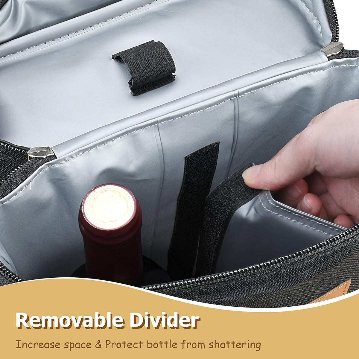 Double-Bottle Wine Tote with Padded Divider & Insulated Lining for Picnics, Travel, Parties