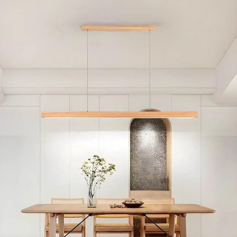 Linear Wood LED Pendant Light for Kitchen Island & Dining – Scandinavian Modern Hanging Fixture in Pine or Walnut