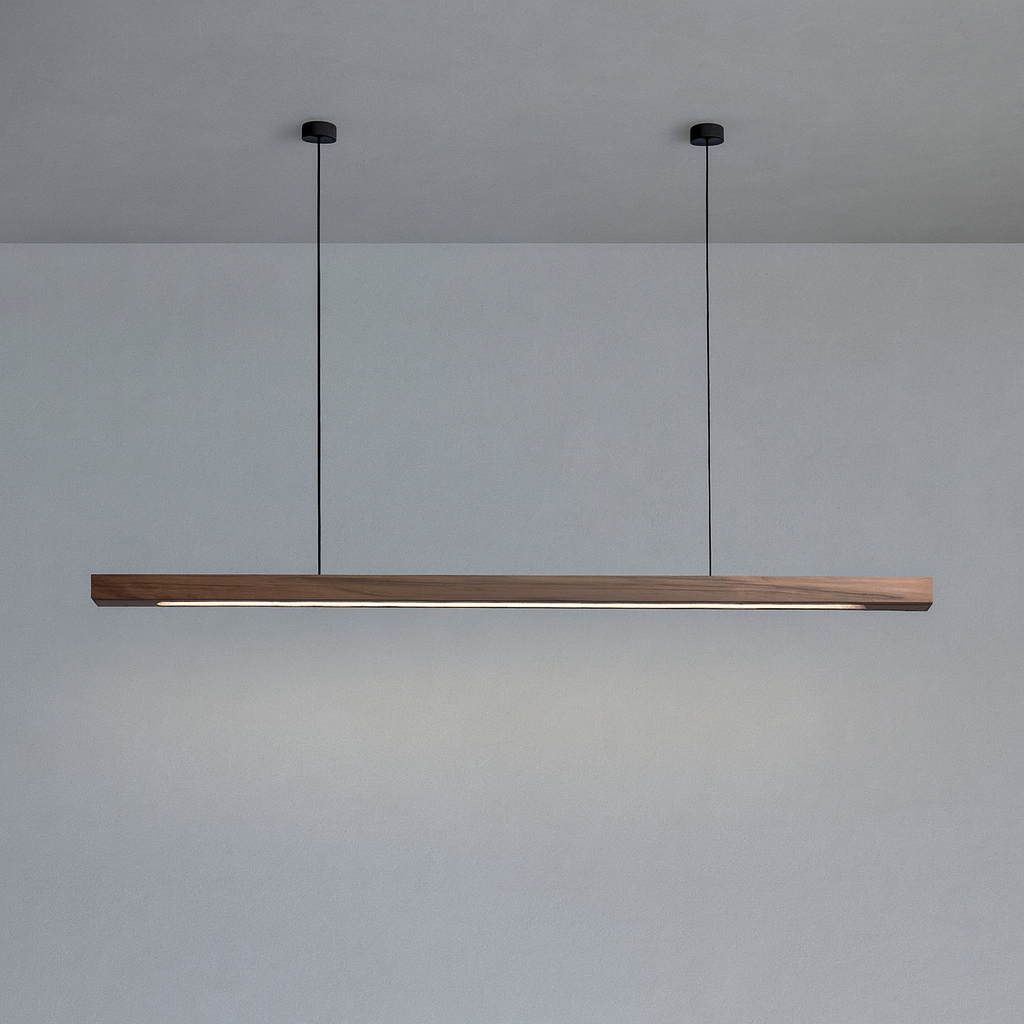 Linear Wood LED Pendant Light for Kitchen Island & Dining – Scandinavian Modern Hanging Fixture in Pine or Walnut