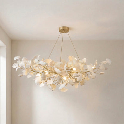 Porcelain Leaf Chandelier Modern Nature-Inspired LED Ceiling Fixture for Dining Room & Kitchen Island Gold Nickel Finish Adjustable Height