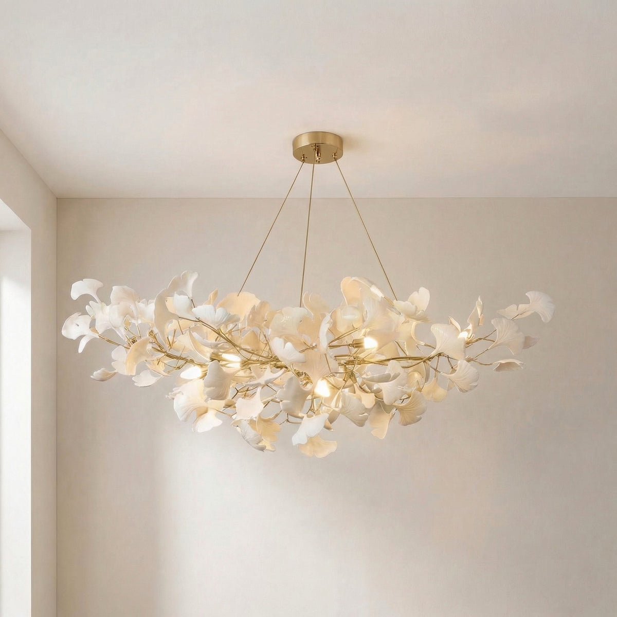 Porcelain Leaf Chandelier Modern Nature-Inspired LED Ceiling Fixture for Dining Room & Kitchen Island Gold Nickel Finish Adjustable Height