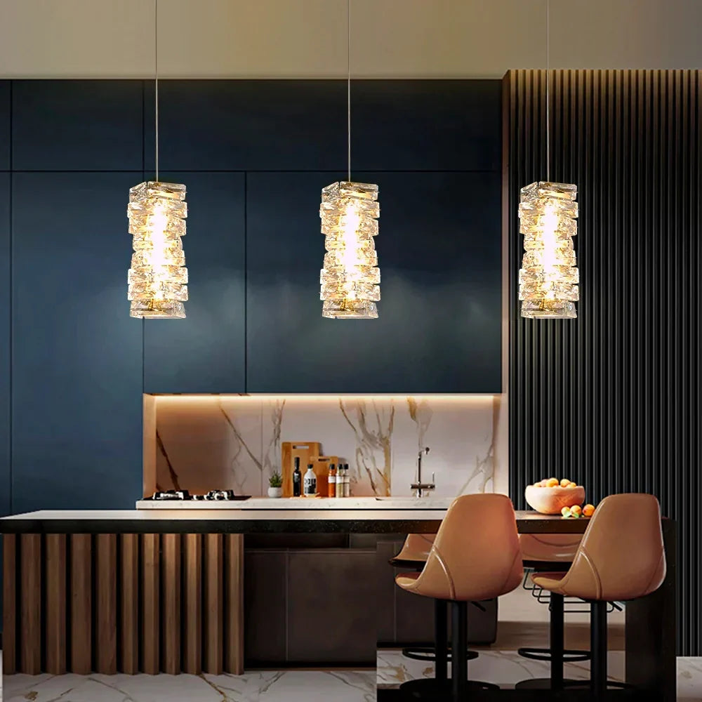 Layered Glass LED Hanging Light 10 in Vertical Drop Chrome Gold Kitchen Island Dining Room Ceiling Fixture Modern Stacked Crystal Pendant Ba