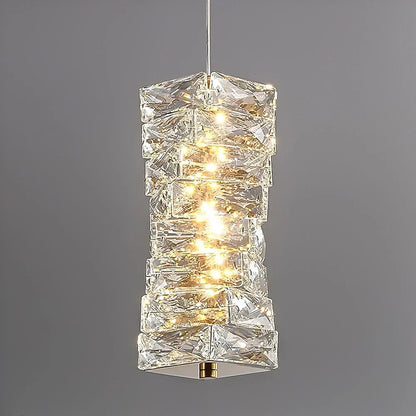 LED Crystal Pendant Fixture 5 in Wide Stacked Ice Block Hanging Lamp Gold Chrome Adjustable Cord for Countertops Dining Areas Modern Kitchen