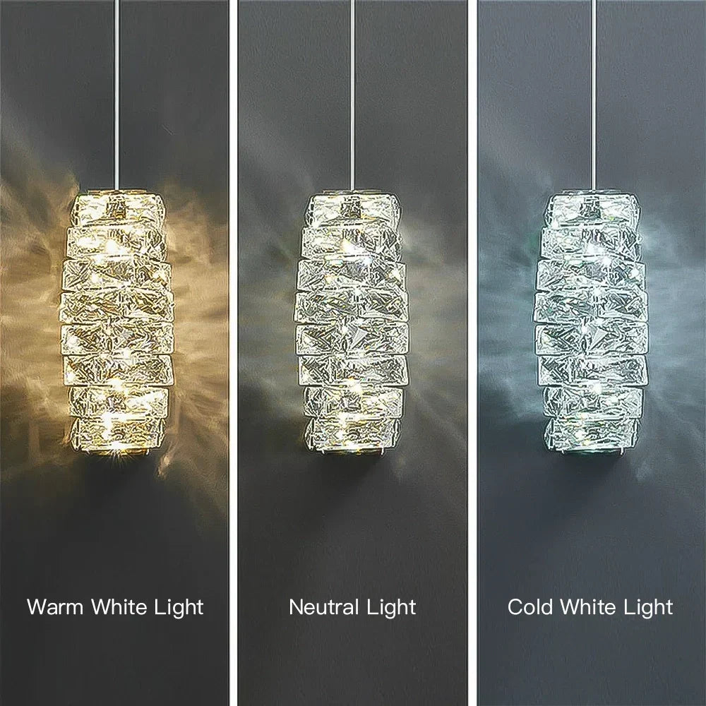 LED Crystal Pendant Fixture 5 in Wide Stacked Ice Block Hanging Lamp Gold Chrome Adjustable Cord for Countertops Dining Areas Modern Kitchen