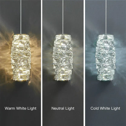 LED Crystal Pendant Fixture 5 in Wide Stacked Ice Block Hanging Lamp Gold Chrome Adjustable Cord for Countertops Dining Areas Modern Kitchen