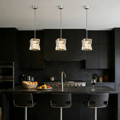 LED Crystal Pendant Fixture 5 in Wide Stacked Ice Block Hanging Lamp Gold Chrome Adjustable Cord for Countertops Dining Areas Modern Kitchen