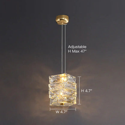 LED Crystal Pendant Fixture 5 in Wide Stacked Ice Block Hanging Lamp Gold Chrome Adjustable Cord for Countertops Dining Areas Modern Kitchen
