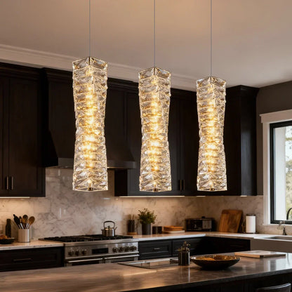 LED Crystal Pendant Fixture 5 in Wide Stacked Ice Block Hanging Lamp Gold Chrome Adjustable Cord for Countertops Dining Areas Modern Kitchen