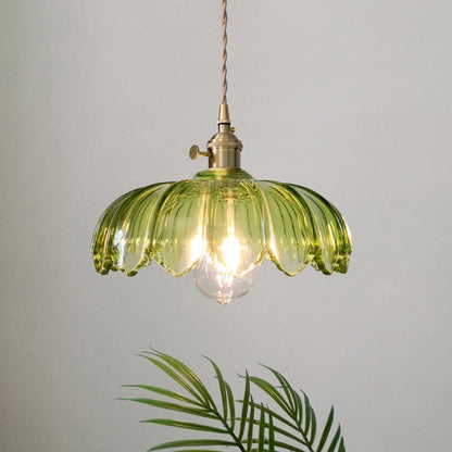 Floral Glass Shade Ceiling Fixture Green 10 Inch Adjustable Cord E27 Socket for Dining Room Kitchen Hallway Vintage Copper Accent Home Light