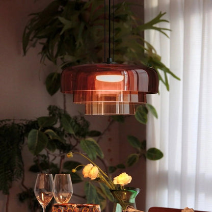 Layered Glass Hanging Light 16.5 in Orange for Kitchen Island & Dining Table – Adjustable Cord Suspension Fixture LED Included Modern Scandi