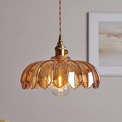 Floral Glass Shade Ceiling Fixture Green 10 Inch Adjustable Cord E27 Socket for Dining Room Kitchen Hallway Vintage Copper Accent Home Light