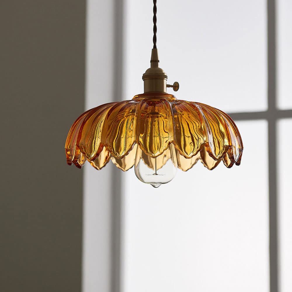 Floral Glass Shade Ceiling Fixture Green 10 Inch Adjustable Cord E27 Socket for Dining Room Kitchen Hallway Vintage Copper Accent Home Light