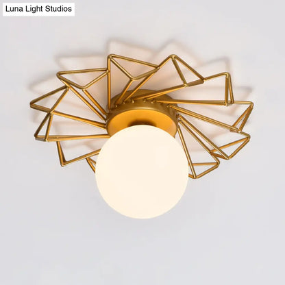 Contemporary Sphere Flush Mount Ceiling Fixture – Gold Metal Frame, Cream Frosted Globe – Low Profile Hallway & Bedroom Lighting for