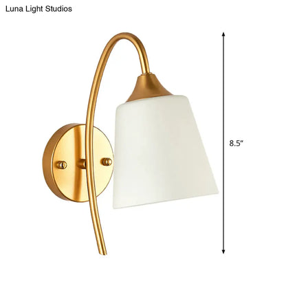 Curved Arm Wall Sconce with Tapered Glass Shade – Adjustable Brass Finish Fixture for Bedroom & Hallway