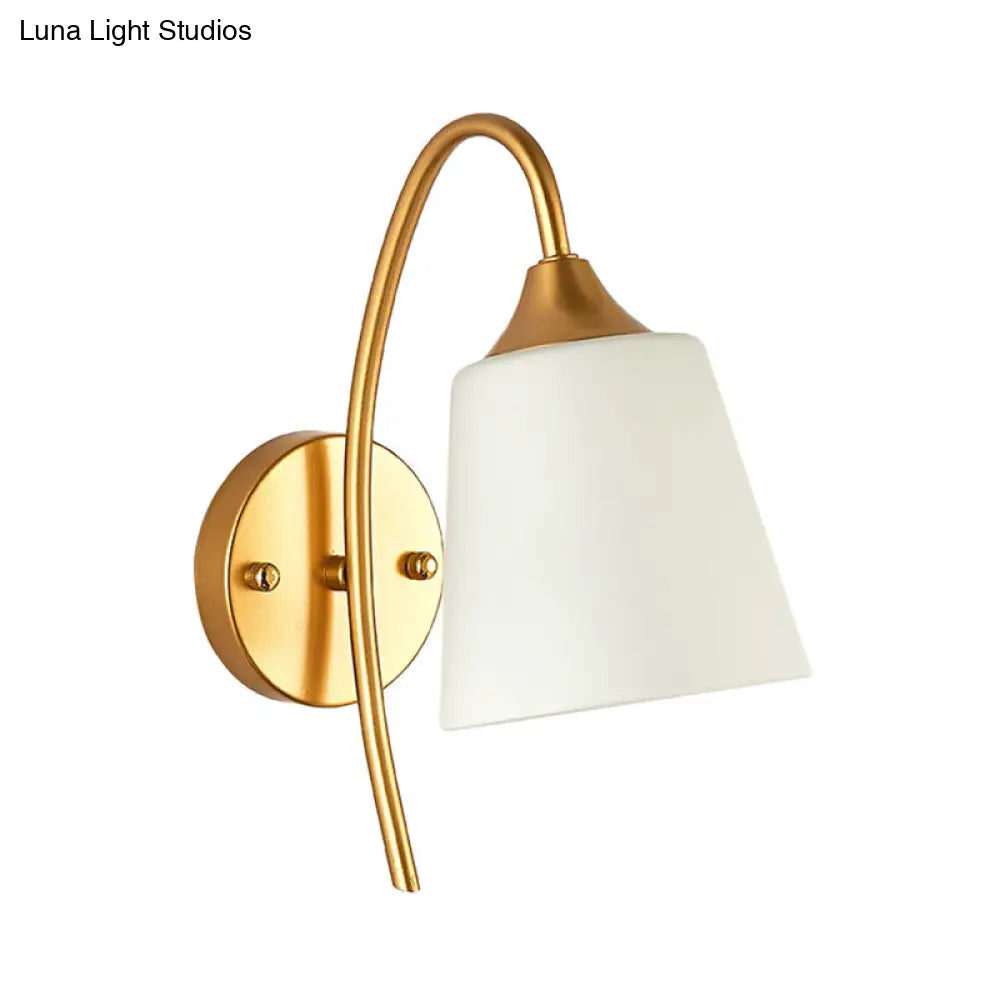 Curved Arm Wall Sconce with Tapered Glass Shade – Adjustable Brass Finish Fixture for Bedroom & Hallway