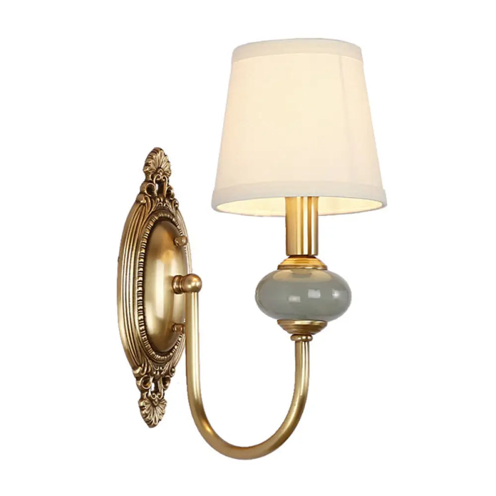 Curved Arm Wall Sconce with Fabric Shade & Jade Accent — 1 or 2 Lights — Brushed Brass Finish for Living Room, Bedroom, Hallway