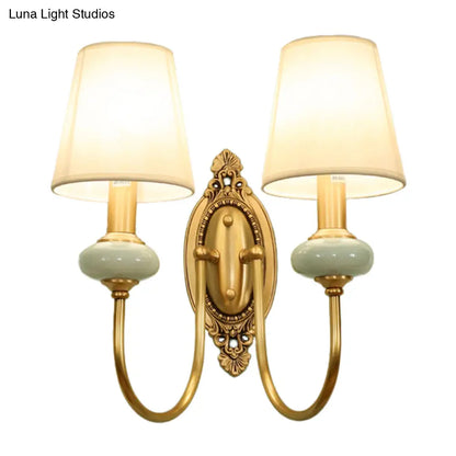 Curved Arm Wall Sconce with Fabric Shade & Jade Accent — 1 or 2 Lights — Brushed Brass Finish for Living Room, Bedroom, Hallway