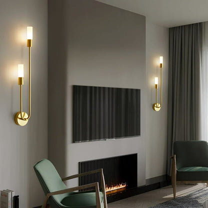 Vertical Brass Wall Light Dual Cylinder Sconce Frosted Shade Mid-Century for Bedroom Hallway Vanity Accent Lighting Contemporary Metal