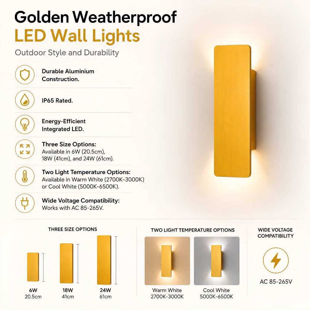 Outdoor Aluminum LED Wall Sconce Gold Finish IP65 Weatherproof Hardwired for Patio Porch Entryway 6W 18W 24W Options 2700K 6500K Lighting