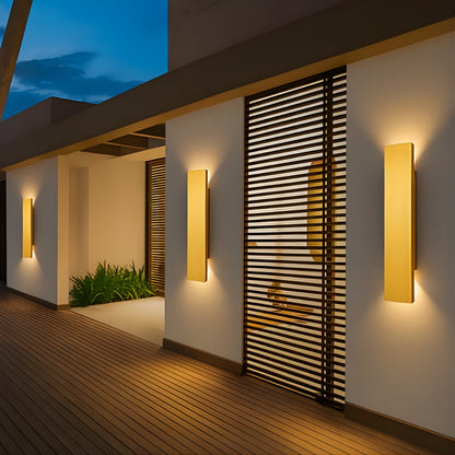 Weatherproof Aluminum Sconce with Dual-Beam LED Lighting for Patios, Entryways & Deck Walls — Gold Metal Exterior Fixture