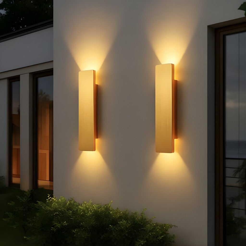 Weatherproof Aluminum Sconce with Dual-Beam LED Lighting for Patios, Entryways & Deck Walls — Gold Metal Exterior Fixture