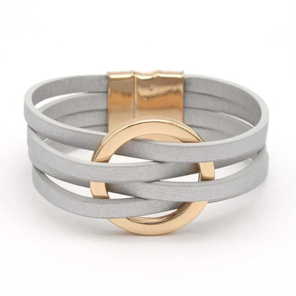 Layered Leather Wrap Bracelet with Magnetic Clasp – Geometric Accent Cuff for Women & Men