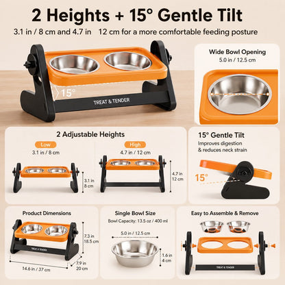 Ortekor Adjustable Elevated Stainless Steel Pet Bowls for Cats & Small Dogs - Tilted Feeding Station for Easier Mealtime & Less Floor Mess