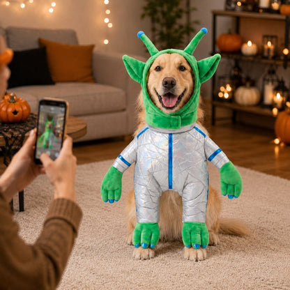 Ortekor Green Alien Pet Costume for Dogs & Cats - Funny Halloween Transformation Outfit for Pet Parties, Photoshoots & Costume Events