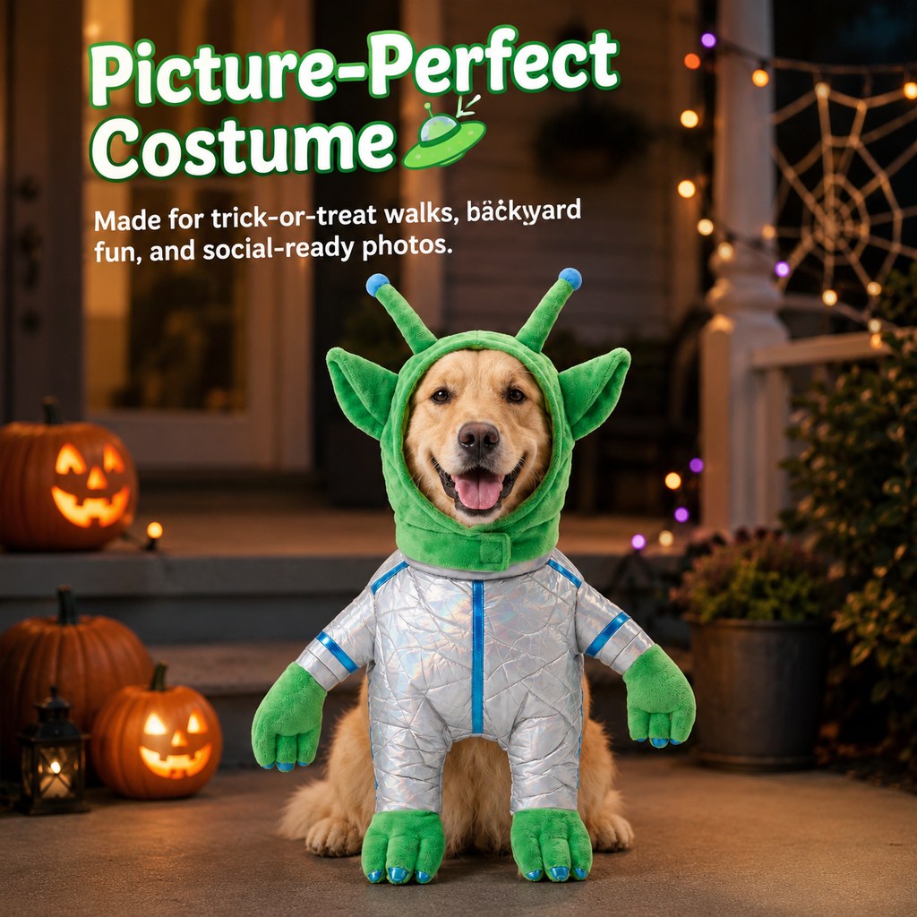 Ortekor Green Alien Pet Costume for Dogs & Cats - Funny Halloween Transformation Outfit for Pet Parties, Photoshoots & Costume Events