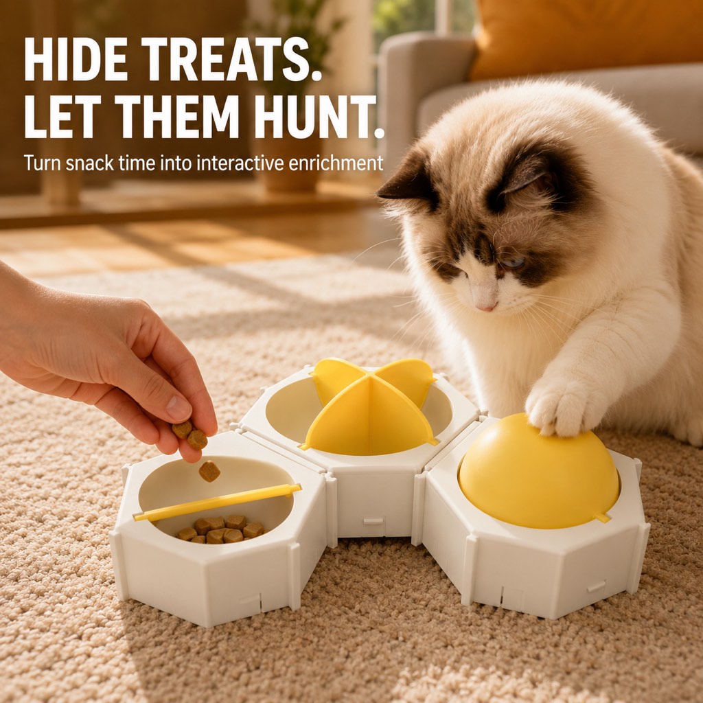 Ortekor Modular Cat Puzzle Feeder Toy for Indoor Treat Time - Hexagon Slow Feeder Enrichment Game to Keep Bored Cats Busy