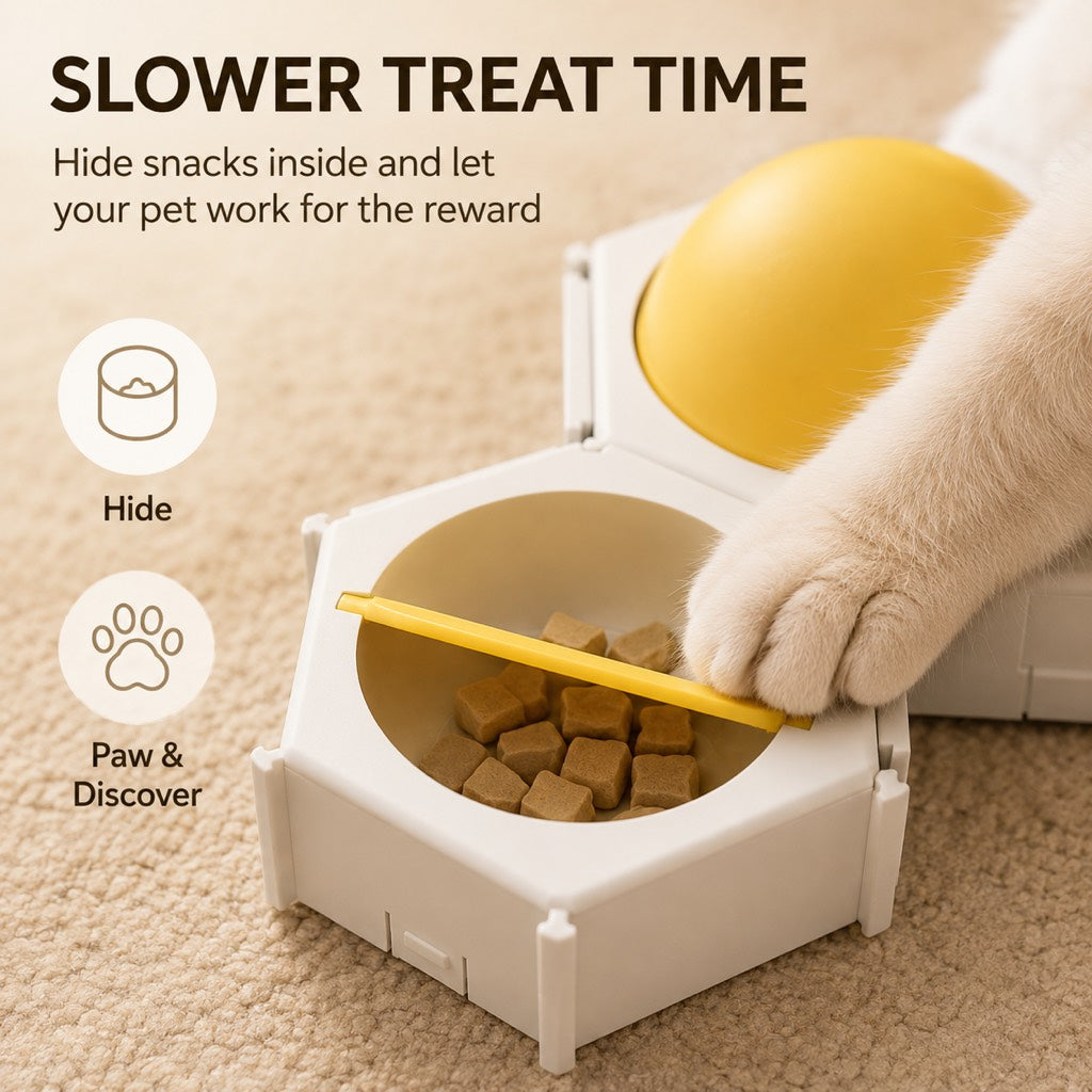 Ortekor Modular Cat Puzzle Feeder Toy for Indoor Treat Time - Hexagon Slow Feeder Enrichment Game to Keep Bored Cats Busy