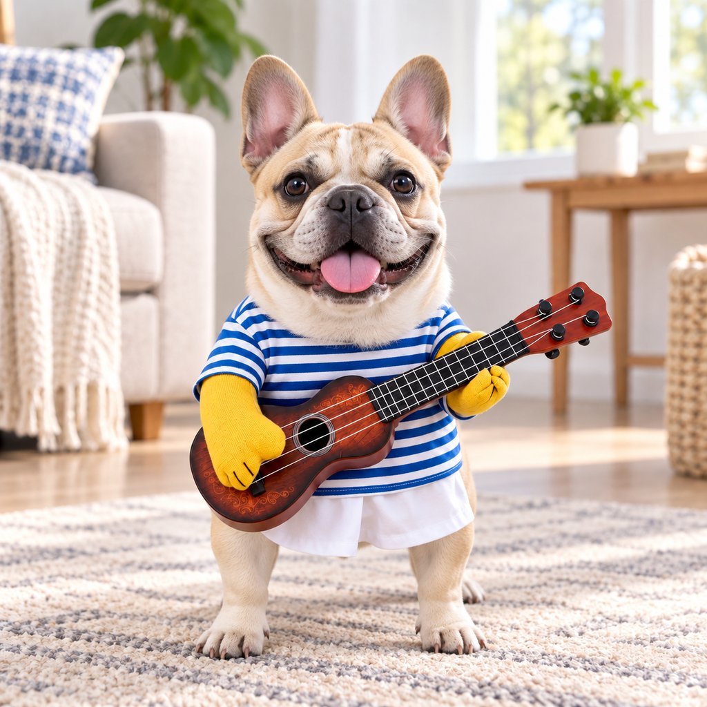Ortekor Funny Guitar Player Dog Costume with Fake Arms & Guitar - Halloween Party Outfit for Instant Photo-Ready Fun
