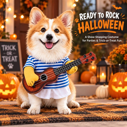 Ortekor Funny Guitar Player Dog Costume with Fake Arms & Guitar - Halloween Party Outfit for Instant Photo-Ready Fun