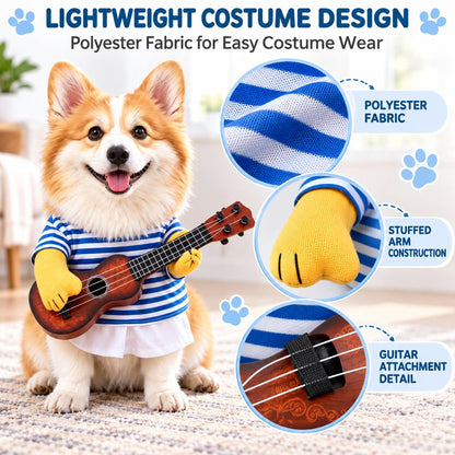 Ortekor Funny Guitar Player Dog Costume with Fake Arms & Guitar - Halloween Party Outfit for Instant Photo-Ready Fun