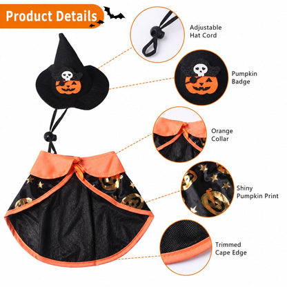 Ortekor Halloween Cat Witch Hat & Cape Costume Set for Party Photos - Easy Festive Look for Cats