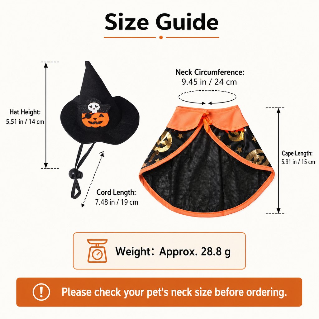 Ortekor Halloween Cat Witch Hat & Cape Costume Set for Party Photos - Easy Festive Look for Cats