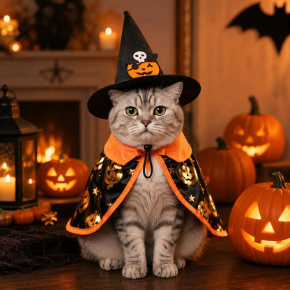 Ortekor Halloween Cat Witch Hat & Cape Costume Set for Party Photos - Easy Festive Look for Cats