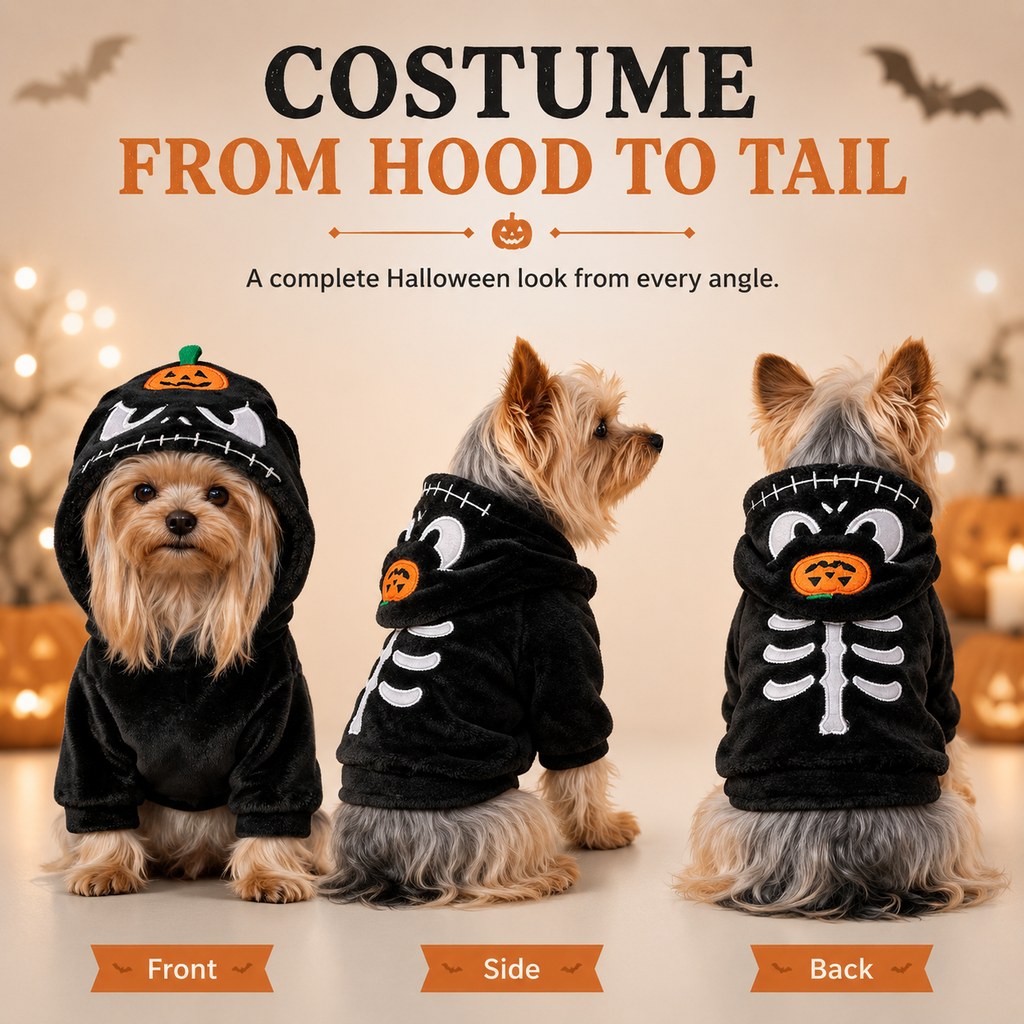 Ortekor Halloween Dog & Cat Costume Hoodie – One-Piece Spooky Outfit for Parties, Photos & Fall Fun