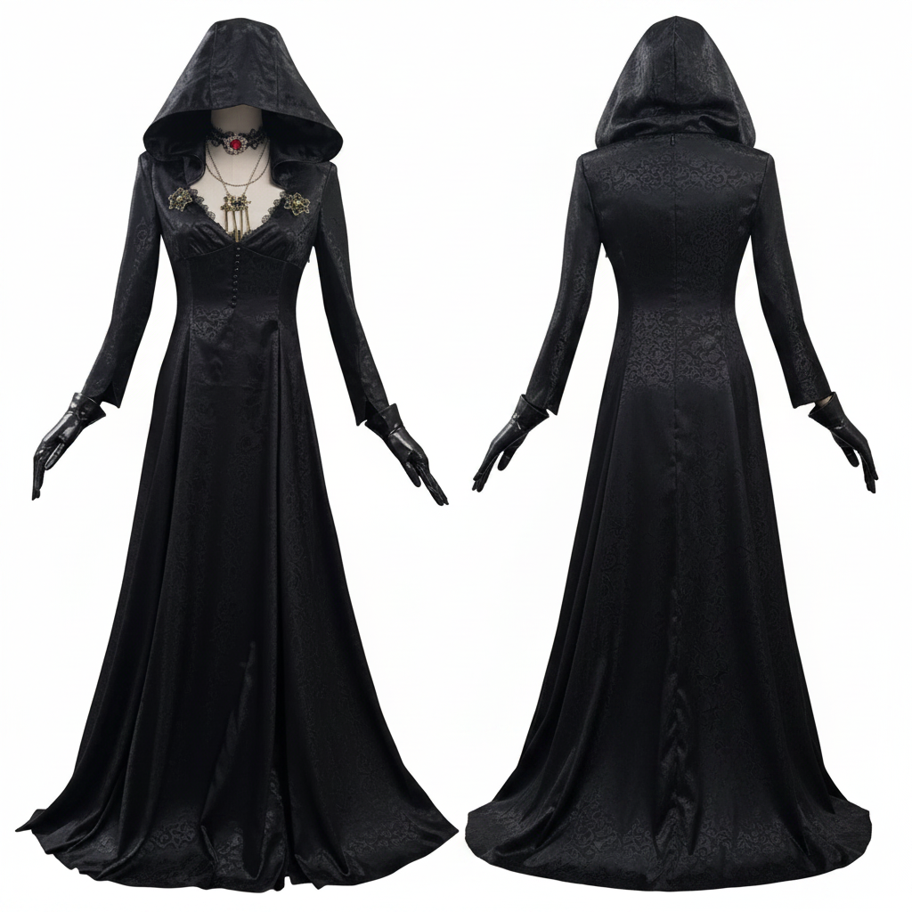 Gothic Vampire Costume | Elegant Black Dress with Cloak & Accessories for Striking Halloween Look