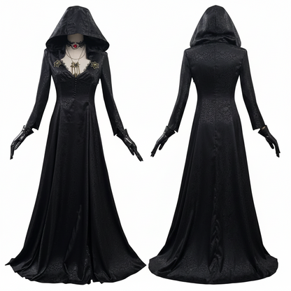 Gothic Vampire Costume | Elegant Black Dress with Cloak & Accessories for Striking Halloween Look