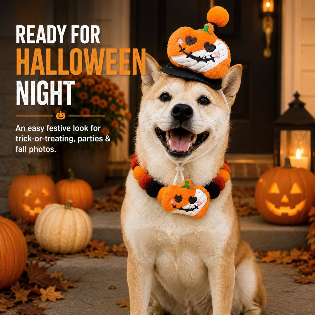 Ortekor Halloween Pet Hat & Pom-Pom Collar Set for Dogs & Cats – Easy 2-Piece Costume for Parties, Trick-or-Treating & Photos