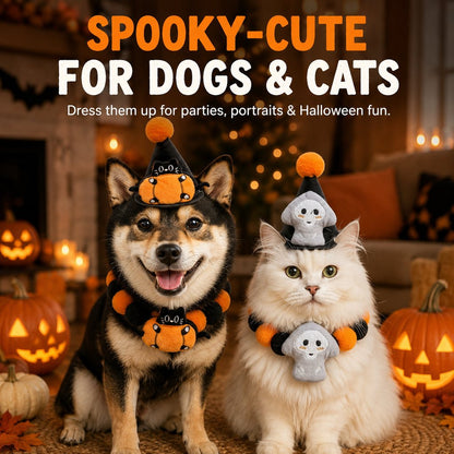Ortekor Halloween Pet Hat & Pom-Pom Collar Set for Dogs & Cats – Easy 2-Piece Costume for Parties, Trick-or-Treating & Photos