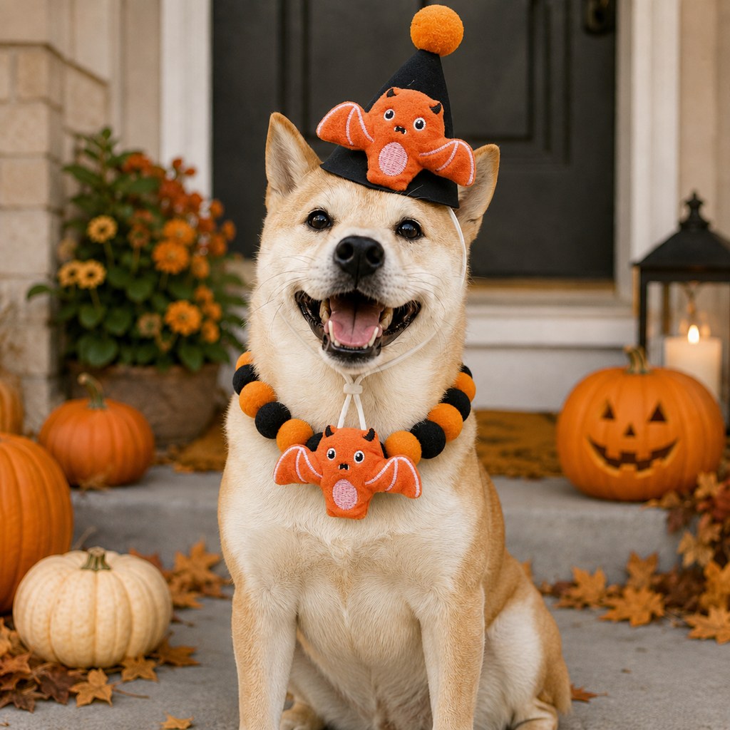Ortekor Halloween Pet Hat & Pom-Pom Collar Set for Dogs & Cats – Easy 2-Piece Costume for Parties, Trick-or-Treating & Photos